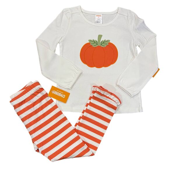 NWT Gymboree Orange & Ivory Striped Leggings & Halloween Pumpkin Top - Picture 1 of 9